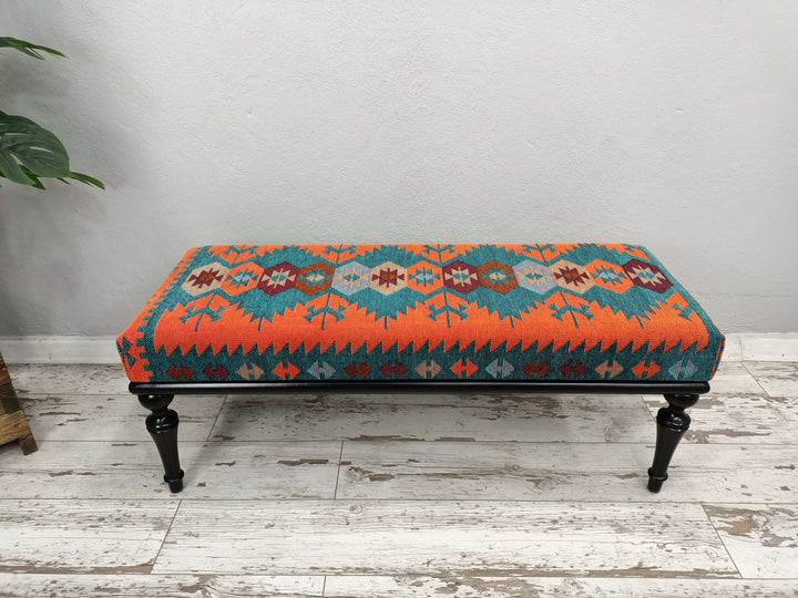 Aztec Bench, Farmhouse Decor, Entry Bench, Upholstered with Turkish Patchwork Bench, Stylish Ottoman Small Footstool Shoe Changing Bench