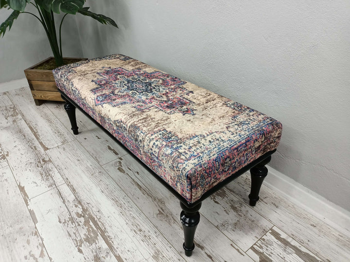 Oriental Printed Fabric Upholstered Ottoman Bench, Dressing Table Set Bench, New House Decorative Bench, Practical Upholstered Footstool Bench