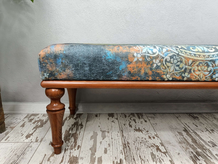 Kilim Pattern Dining Room Ottoman Bench, Durable Wood Leg Bench, Easy To Clean Upholstered Bench, Anatolian Upholstered Wooden Footstool Bench