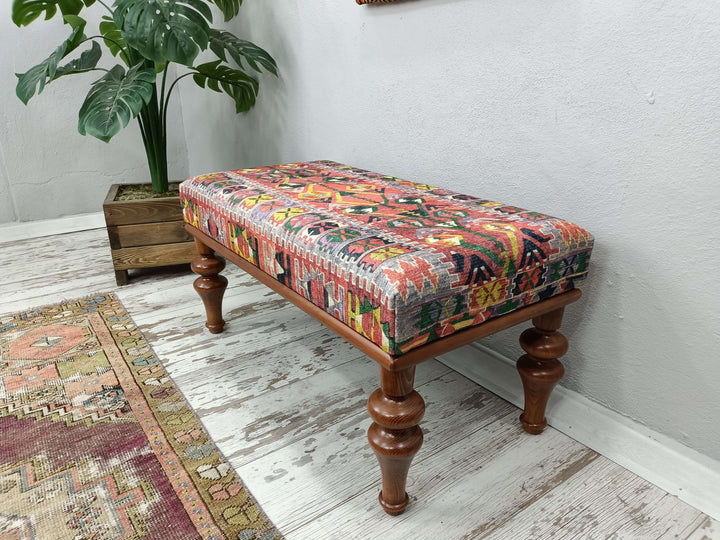 Detailed View Of Upholstered Bench Cushion, Oriental Legs Natural Wooden Decorative Bench, Stylish Bohemian Pattern Upholstered Bench