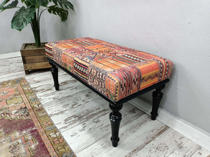 Solid Wood Ottoman Stool Bench, Footrest Step Stool Bench, Upholstered Ottoman Stool Bench, Modern Velvet Vanity Stool Bench with Metal Legs, Oriental Leg Stool Bench