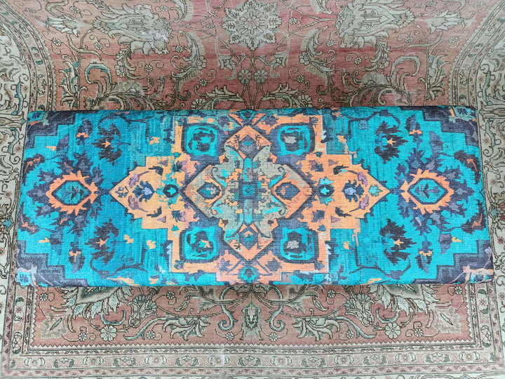 Kilim Pattern Dining Room Ottoman Bench, Durable Wood Leg Bench, Easy To Clean Upholstered Bench, Anatolian Upholstered Wooden Footstool Bench