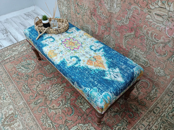 Easy To Clean Upholstered Bench, Kilim Pattern Dining Room Ottoman Bench, Durable Wood Leg Bench, Easy To Clean Upholstered Bench