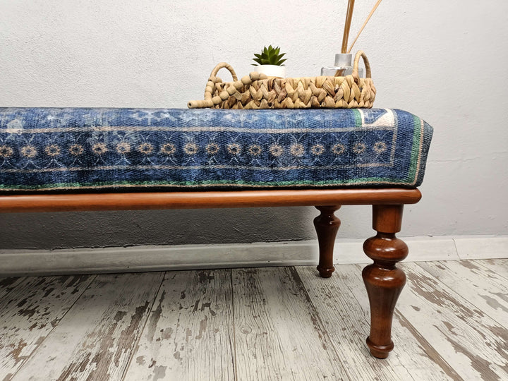 Dark Brown Oriental Leg Bench, Anatolian Decorative Bench, Turkish Motif Velvet Fabric Upholstered Bench, Conical White Color Leg Footstool Bench