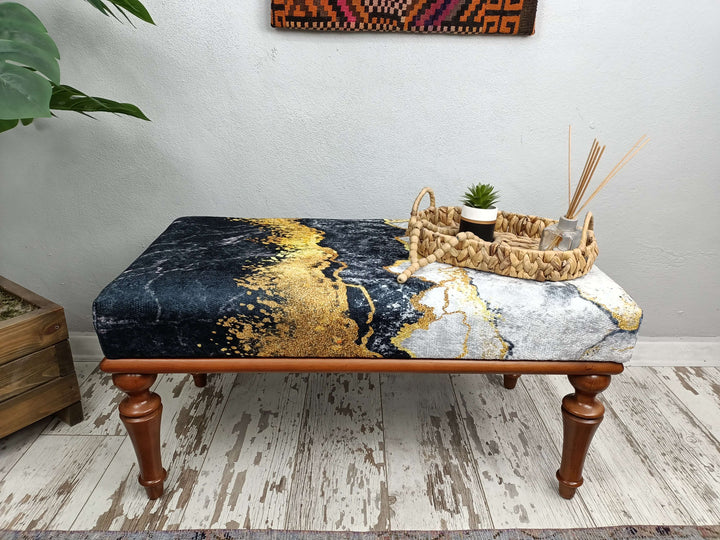 Turkish Kilim Pattern Ottoman Bench with Storage, Natural Walnut Wood Bench, Breastfeeding Bench, Designer Upholstered Ottoman Bench