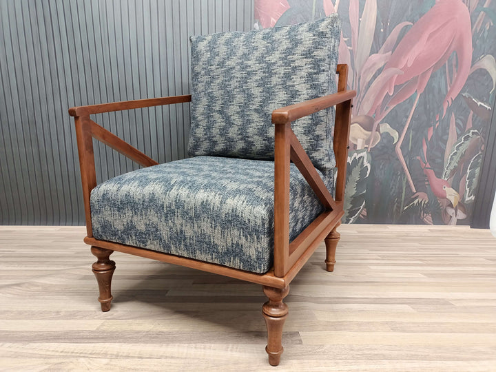 Dark Brown Ottoman Chair in Entryway, Reading Armchair in Living Room, Detailed View of Armchair Cushion, Vintage Pattern Armchair