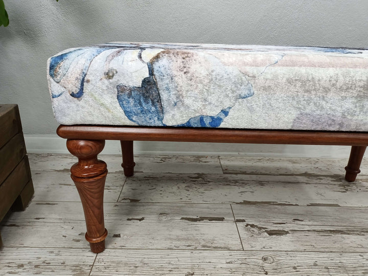 Handmade Wood Work Upholstered Ottoman Bench, Ottoman bench, Ottoman Upholstered with Printed Rug Handmade Bench, Farmhouse Bench