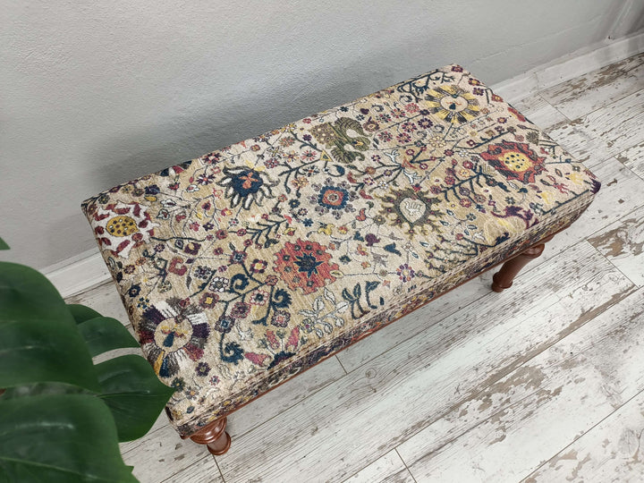 Upholstered Ottoman, Bedroom End of Bed Vintage Ottoman Bench, White Leg Bench, Bedroom Decor Bench, Wooden Leg Bench, Wooden Leg Footstool Bench