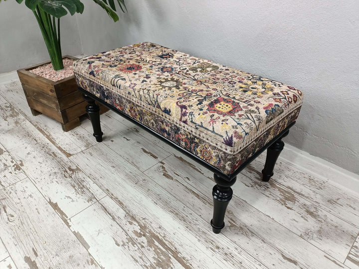 New House Decorative Bench, Turkish rug design ottoman Bench, Chic Livingroom Bench, Handmade Wood Work Upholstered Ottoman Bench, Bedroom bench