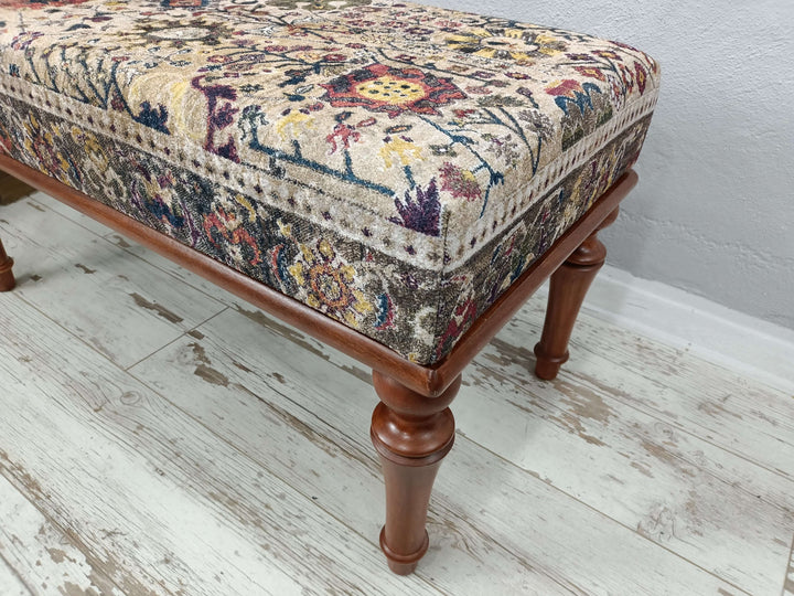 Wooden Bench For Office Desk, Decoration Oriantal Leg Livingroom Bench, Oriental Printed Fabric Upholstered Ottoman Bench, Velvet Stool Bench