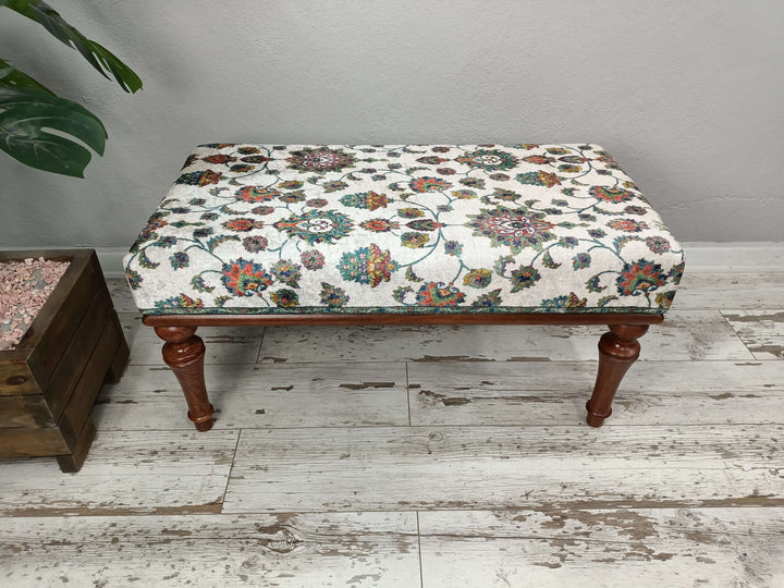 Geometric Design Fabric Upholstered Bench, Pastoral Color Footstool Bench Natural Wooden Leg Durable Step Stool Bench, Qality Footstool Bench