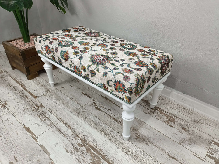 Handmade Piano Bench, Handmade furniture Bench, Turkish Kilim Pattern Bench, Bedroom Decorative Bench, White Leg Durable Bench