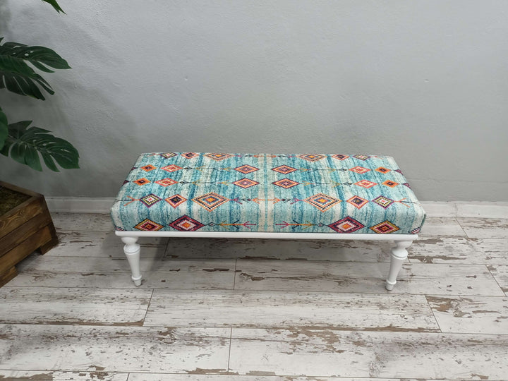 Oriental Printed Fabric Upholstered Ottoman Bench, Dressing Table Set Bench Ottoman Upholstered with Printed Rug Handmade Bench, Farmhouse Bench, Dressing room bench