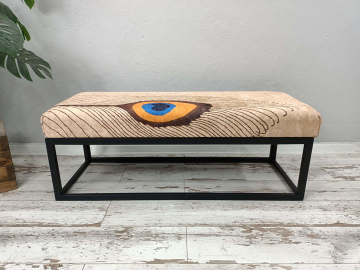 Detailed View Of Upholstered Bench Cushion, Oriental Legs Natural Wooden Decorative Bench, Stylish Bohemian Pattern Upholstered Bench