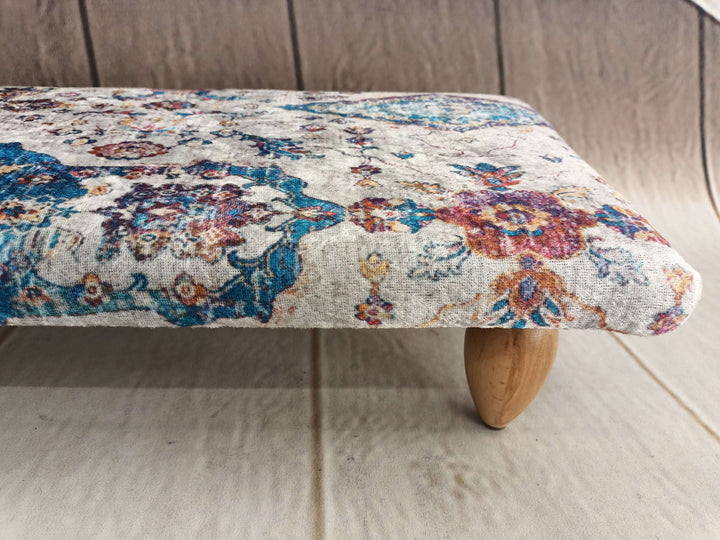 Ottoman Bench With Easy Maintenance Upholstered, Detailed View Of Upholstered Bench Cushion, Oriental Legs Natural Wooden Decorative Bench