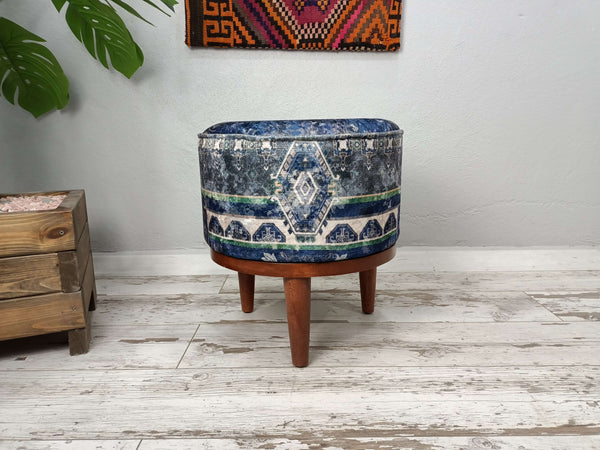 Navy Blue Anatolian Velvet Fabric Upholstered Round Bench