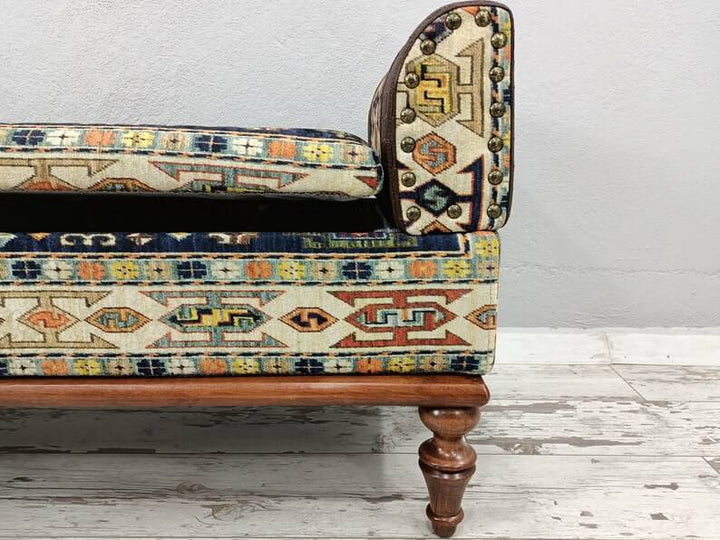 Stylish Bohemian Pattern Upholstered Bench, High Quality Wooden And Upholstered Bench, Bench with Printed Fabric, Natural Ottoman Bench With Classic Legs