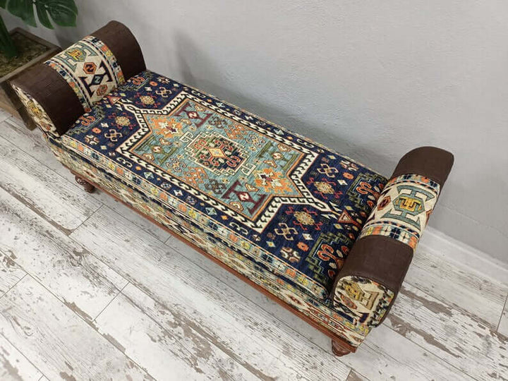 Stylish Bohemian Pattern Upholstered Bench, Detailed View Of Upholstered Bench Cushion, Oriental Leg Walnut Footstool Bench, Wooden Leg Bench Upholstered Bench