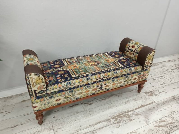 Oriental Printed Fabric Upholstered Ottoman Bench, Practical Upholstered Footstool Bench, Conical Leg Upholstered Bench, Stylish Bohemian Pattern Upholstered Bench