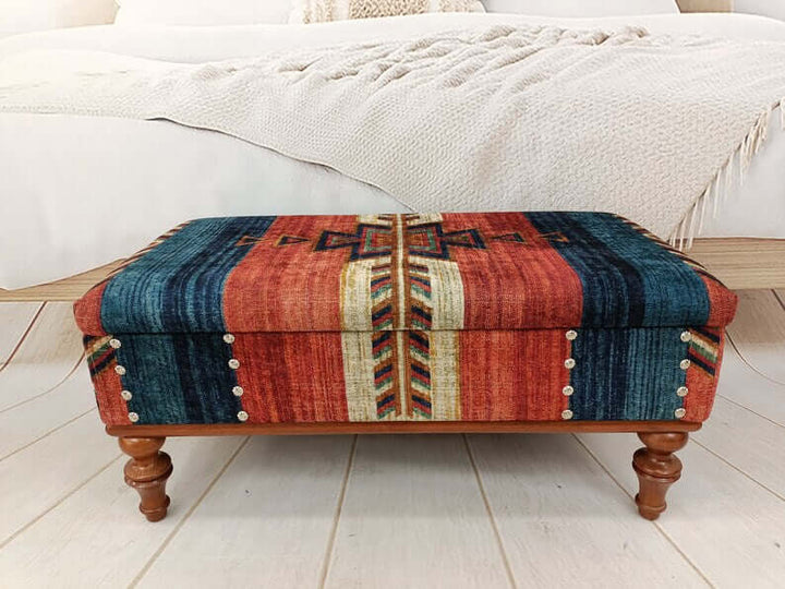 Hotel Lobby Waiting Bench, Library Sitting Bench, Traditional Footstool Bench, Red And Blue Color Fabric Upholstered Bench