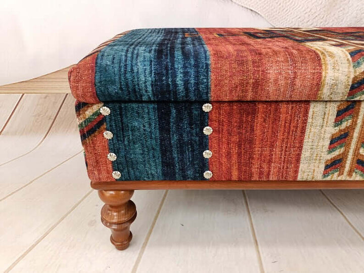 Dressing Table Set Bench Ottoman Upholstered with Printed Rug Handmade Bench, Farmhouse Bench, Dressing room bench