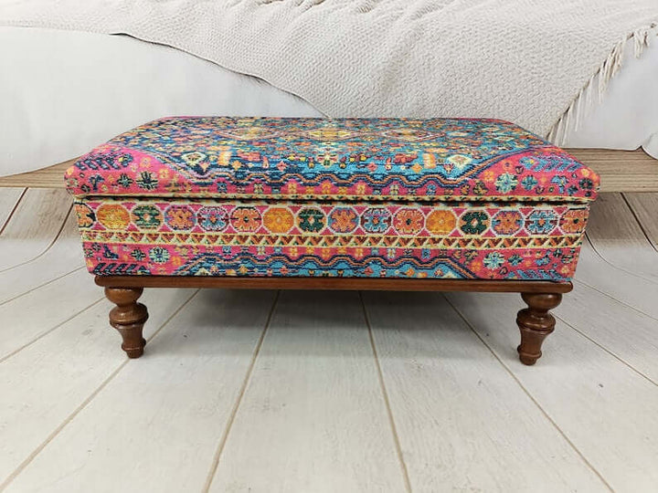 Detailed View Of Upholstered Bench Cushion, Oriental Legs Natural Wooden Decorative Bench, Stylish Bohemian Pattern Upholstered Bench