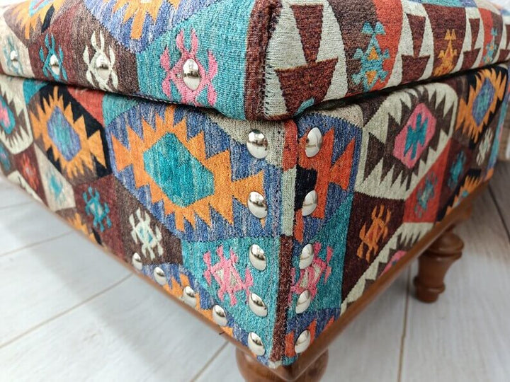 Kilim Pattern Dining Room Ottoman Bench, Durable Wood Leg Bench, Easy To Clean Upholstered Bench, Anatolian Upholstered Wooden Footstool Bench