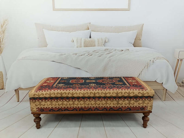 Turkish Kilim Pattern Ottoman Bench with Storage, Upholstered Bench, Turkish Bench, Storage Dresser, Hallway Bench, Cushioned Bench, Sitting Bench, Storage Ottoman, Long Seat