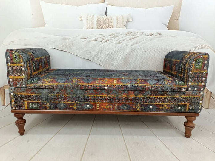 Modern Upholstered Bench in Bedroom, Stylish Bohemian Pattern Upholstered Bench, High Quality Wooden And Upholstered Footstool Bench