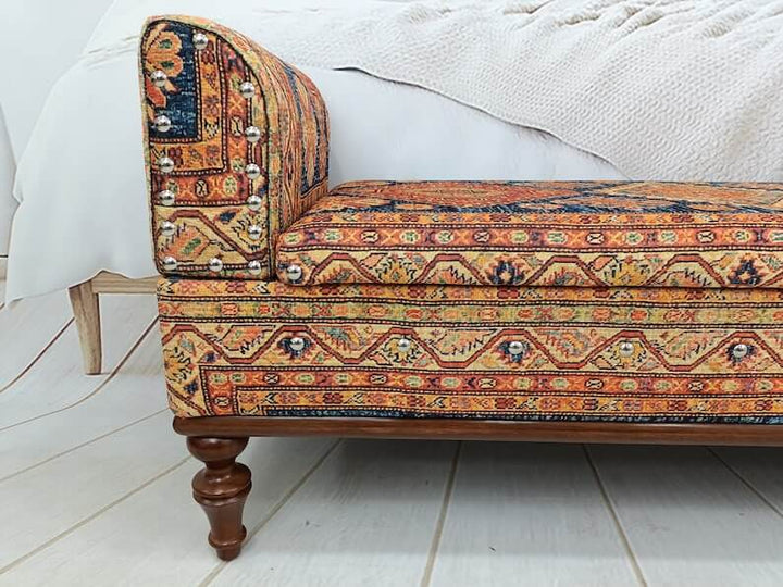 Velvet Ottoman Stool Bench, Square Ottoman Bench, Bedroom Ottoman Wooden Bench, Upholstered with Turkish Patchwork Bench