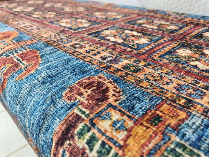 Rectangular Ottoman Bench, Upholstered Ottoman Bench, Mountain House Bench, Close-up of Bohemian Pattern Bench Seat, Sofa Tea Seat Padded Stool Bench