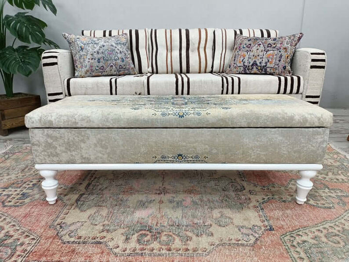 Dressing Table Set Bench Ottoman Upholstered with Printed Rug Handmade Bench, Farmhouse Bench, Dressing room bench