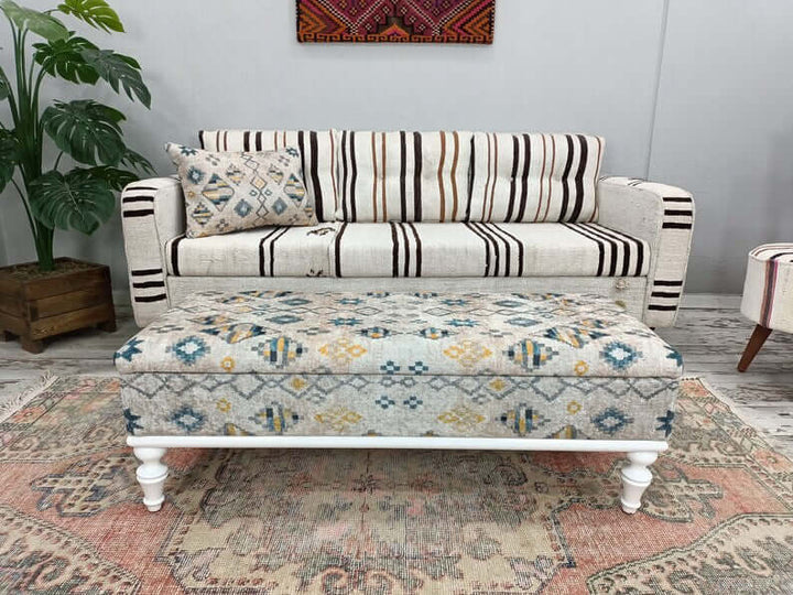 Oriental Printed Fabric Upholstered Ottoman Bench, Dressing Table Set Bench Ottoman Upholstered with Printed Rug Handmade Bench