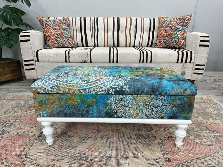 Aztec Entryway Handmade Bench, Oriental Printed Fabric Upholstered Ottoman Bench, Dressing Table Set Bench Ottoman Upholstered 