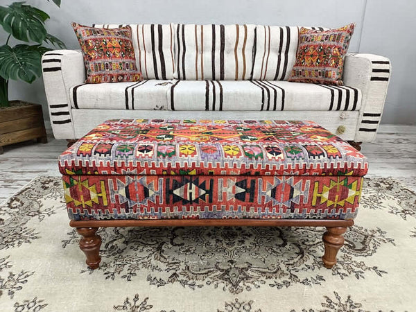 Turkish Kilim Pattern Trunk Ottoman Bench with Storage, Ottoman Storage, Trunk Coffee Table, Bedroom Organizer Bench, Mountain House Bench