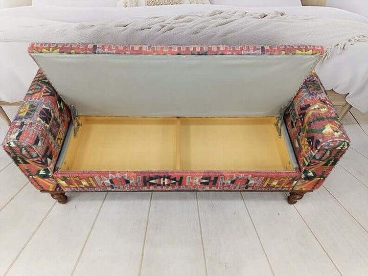 Stylish Bohemian Pattern Upholstered Bench, High Quality Wooden And Upholstered Bench, Dining Bench with Padded Seat for Kitchen, Fabric Walnut Wood Covered Bench