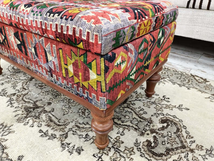 Modern Relaxation Bench with Backrest, Stylish Bohemian Pattern Upholstered Bench, Detailed View Of Upholstered Bench Cushion, Erasable Sitting Bench