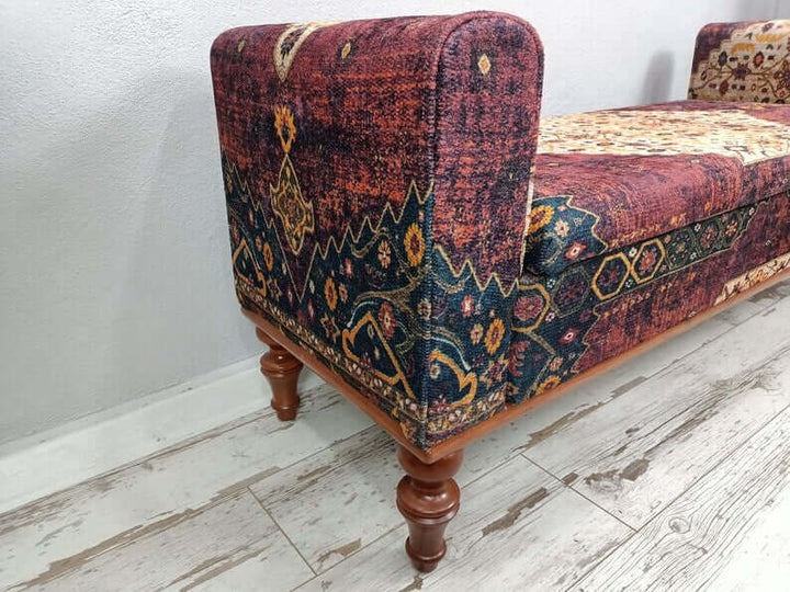 Loveseat Bench, Turkish rug design ottoman Bench, Turkish Kilim Pattern Ottoman Bench with Storage, Upholstered Bench, Rectangular Ottoman Bench