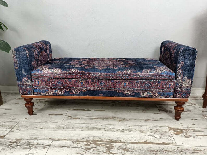 Movie To Watch Comfort Bench, Oriental Legs Natural Wooden Decorative Bench, Designer Upholstered Ottoman Bench, Oriental Leg Walnut Footstool Bench