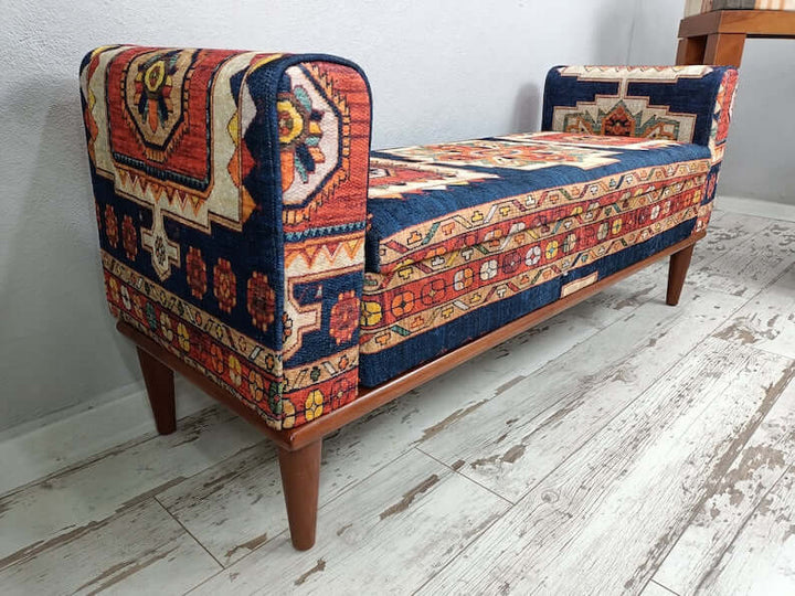 Stylish Bohemian Pattern Upholstered Bench, Detailed View Of Upholstered Bench Cushion, Erasable Sitting Bench