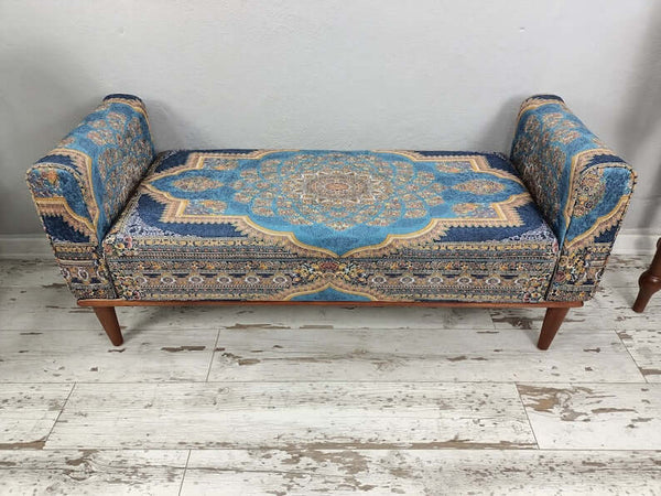 Blue Oriental Ottoman Bench with Storage, Durable Turkish Bench, Anatolian Kilim Fabric Upholstered Bench, Bedroom Ottoman Makeup Stool Bench, Padded Foot Stool Small Ottoman Bench