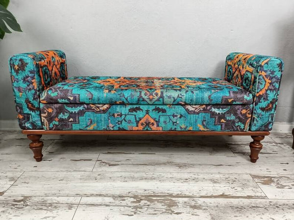 Vanity Blue Armed Ottoman Bench, Plush Fabric Upholstered Bench, Green Color Chic Bench, Outdoor Decorative Bench