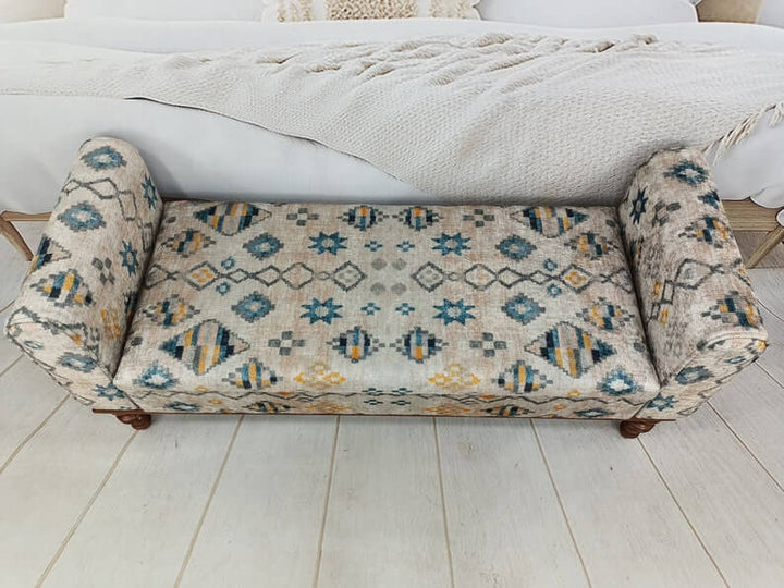 tylish Bohemian Pattern Upholstered Bench, Detailed View Of Upholstered Bench Cushion, Erasable Sitting Bench, Dressing Room Sitting Footstool Bench