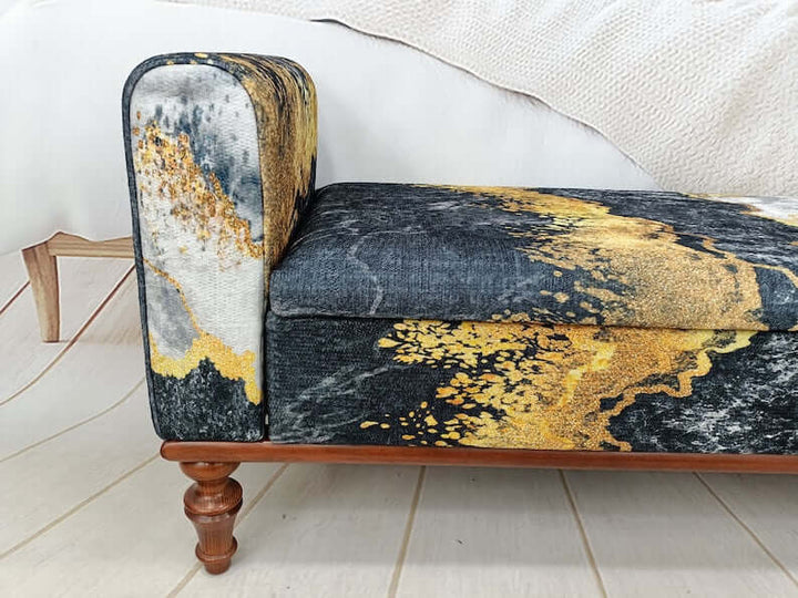 Solid Wood High Back Bench Modern Accent Bench, Eco Friendly Bench, Pet Friendly Upholstered Bench, Oriental Printed Fabric Upholstered Ottoman Bench