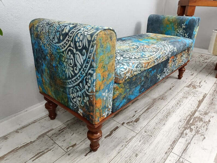 Vintage Pattern Upholstered Bench, Modern Upholstered Bench in Bedroom, High Quality Wooden And Upholstered Bench, Woodworker Large Size Printed Bench