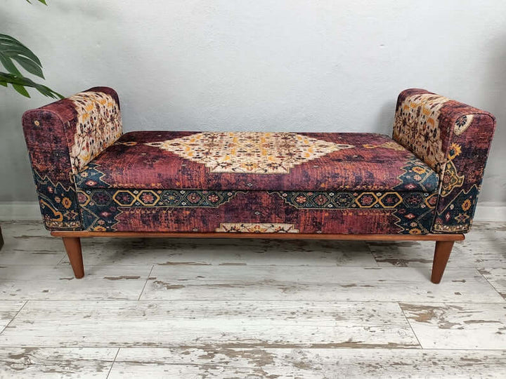 Stylish Bohemian Pattern Upholstered Bench, Vintage Pattern Upholstered Bench, Woodworker Large Size Printed Bench, Turkish Decor Bench