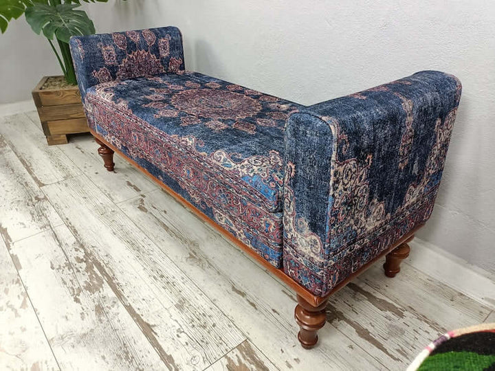 Turkish rug design ottoman Bench, Elegant Reading Bench, Comfortable Outdoor Reading Wooden Bench, Bench With Soft Fabric Upholstery, Library Bench