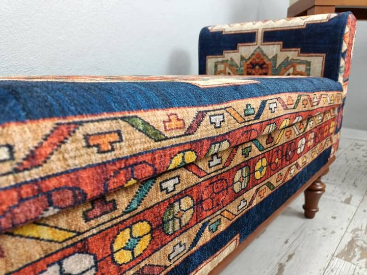 Bench with Arms, Durable Wood Leg Bench, Easy To Clean Upholstered Bench, Kilim Pattern Dining Room Ottoman Bench, Durable Wood Leg Bench, Easy To Clean Bench