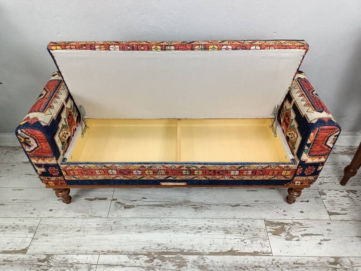 Modern Velvet Vanity Stool with Metal Legs, Turkish Kilim Pattern Ottoman Bench, Oriental Printed Fabric Upholstered Ottoman, Decorative Bench, Practical Upholstered Bench