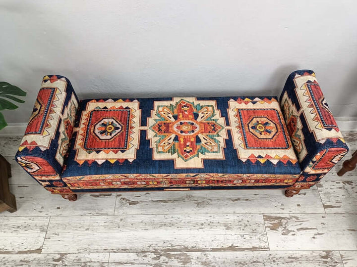 Ottoman Velvet Upholstered Bench Balcony Nap Bench, Wooden Base Bench, Upholstered Bench with Lumbar Pillow